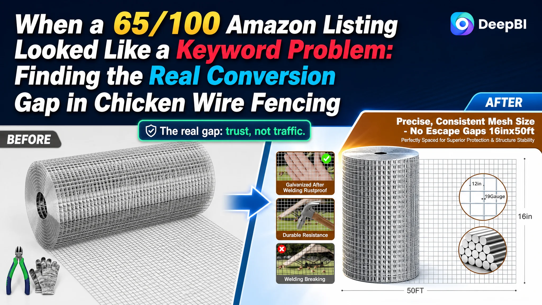 When a 65/100 Amazon Listing Looked Like a Keyword Problem: Finding the Real Conversion Gap in Chicken Wire Fencing